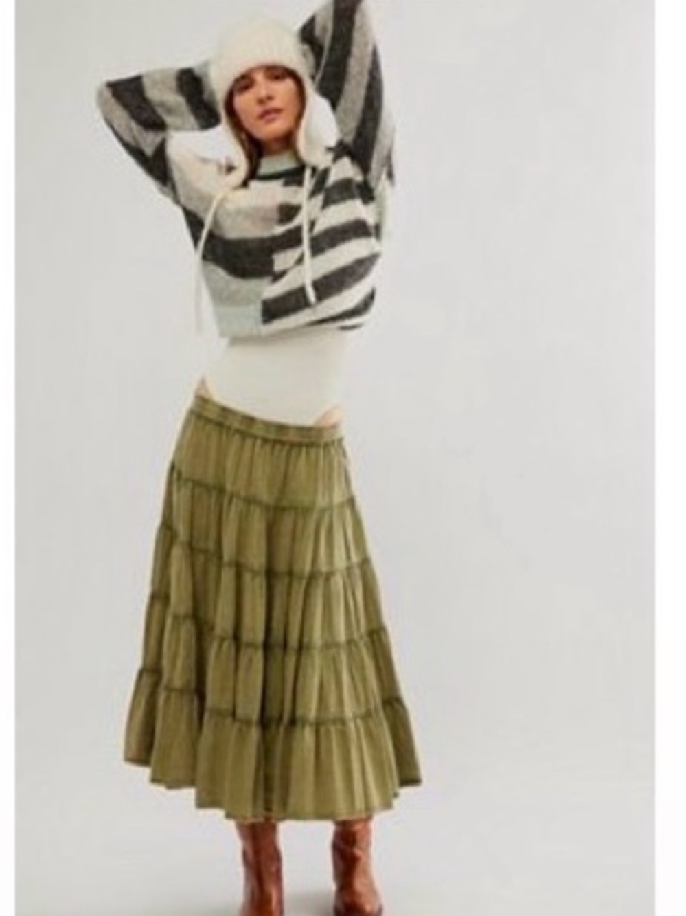 Free People In Full Swing Tiered Midi Skirt in Olive